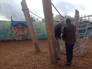 Bill Somerville and Toody Maher inspect a recently added addition to one of Pogo Park’s spaces.