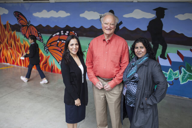 PVF’s Bill Somerville (center) at Cesar Chavez Academy with Parent Involvement Workers Nancy Alvarez (left) and Imelda Jovel (right).